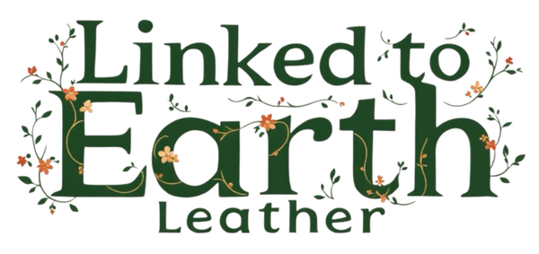 Logo for 'Linked to Earth Leather' with decorative elements on a white background